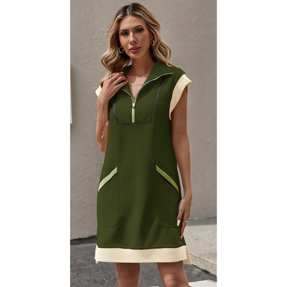 Dresses & Skirts - Textured Mini Dress Cap Sleeves Mod VNeck Women Large Pockets Athletic Daily NWT